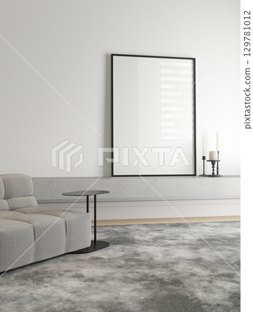 Blank frame mockup in modern minimalist living room interior design wall art template for artwork photography poster canvas print home decor branding and creative presentation 129781012