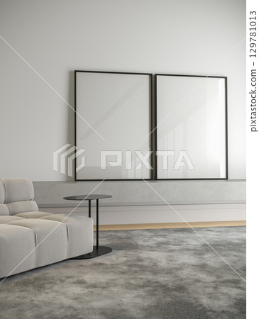Blank frame mockup in modern minimalist living room interior design wall art template for artwork photography poster canvas print home decor branding and creative presentation Blank frame mockup in modern minimalist living room interior design wall art template for artwork photography poster canvas print home decor branding and creative presentation 129781013