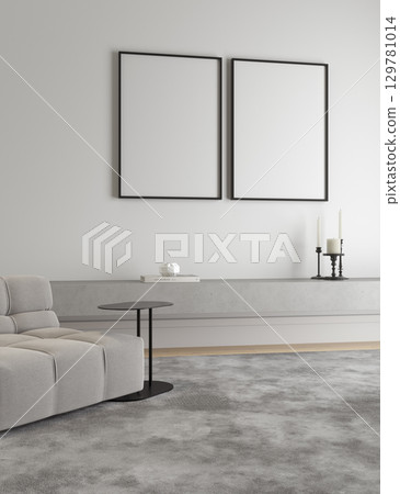 Blank frame mockup in modern minimalist living room interior design wall art template for artwork photography poster canvas print home decor branding and creative presentation Blank frame mockup in modern minimalist living room interior design wall art template for artwork photography poster canvas print home decor branding and creative presentation 129781014