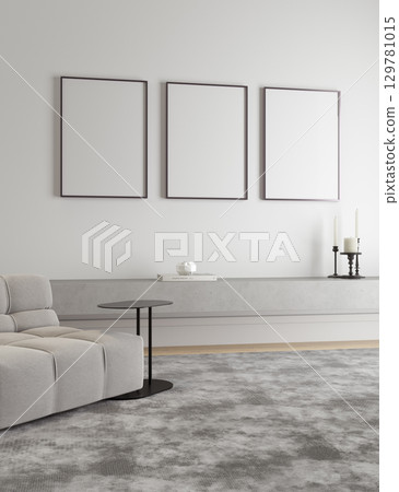 Blank frame mockup in modern minimalist living room interior design wall art template for artwork photography poster canvas print home decor branding and creative presentation Blank frame mockup in modern minimalist living room interior design wall art template for artwork photography poster canvas print home decor branding and creative presentation 129781015