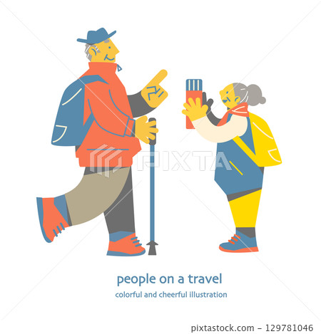 享受徒步旅行的老年夫婦彩色有趣的平面插圖 129781046