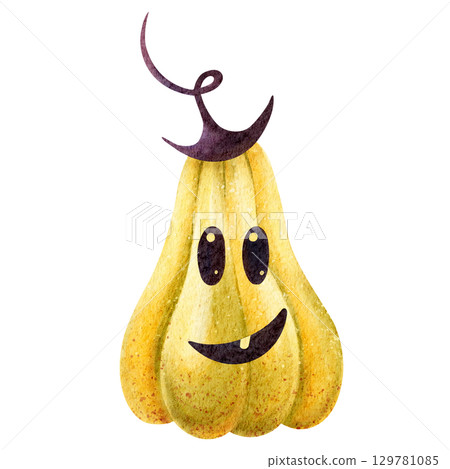 Funny long pumpkin with curly stem, watercolor kids illustration. Hand-drawn Halloween squash art in cartoon style on white background, for cards, labels, invitations, decoration and celebration. Funny long pumpkin with curly stem, watercolor kids illustration. Hand-drawn Halloween squash art in cartoon style on white background, for cards, labels, invitations, decoration and celebration. 129781085