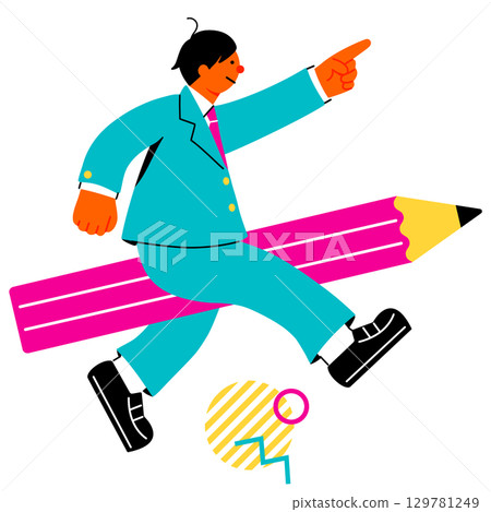 A pop and colorful illustration of a male student standing on a large pencil and pointing ahead 129781249