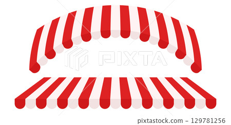 Red and White Awning Tent Vector. Sunshade Canopy for Shop Cafe or Market Stall. Striped Roof Element for Restaurant Outdoor Kiosk or Street Food Stand. Isolated Clipart. Red and White Awning Tent Vector. Sunshade Canopy for Shop Cafe or Market Stall. Striped Roof Element for Restaurant Outdoor Kiosk or Street Food Stand. Isolated Clipart. 129781256
