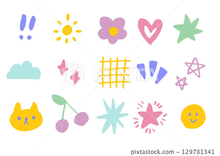 柔和的手繪塗鴉圖標集 - 16 個可愛迷人的圖標，包括太陽、星星、心形、櫻桃、貓、雲朵等。 129781341