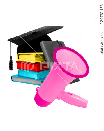 Bright collage. Stack of colorful books with graduation cap and pink megaphone symbolizing education and knowledge sharing 129781378