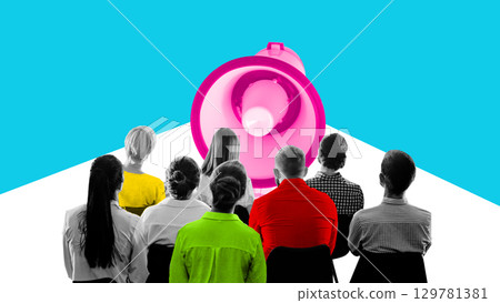 Creative collage with group of people facing pink megaphone symbolizing audience listening to public speech and corporate announcement Creative collage with group of people facing pink megaphone symbolizing audience listening to public speech and corporate announcement 129781381