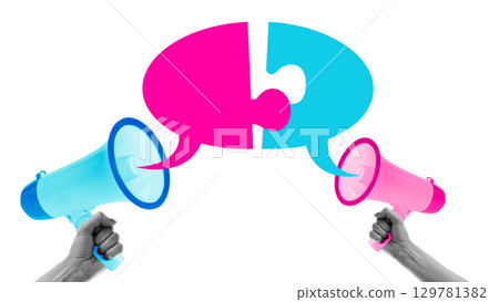 Digital artwork. Two hands holding megaphones with puzzle-shaped speech bubbles symbolizing dialogue and cooperation 129781382