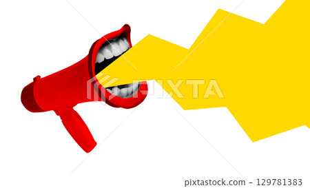 Bold colorful poster. Red megaphone with human mouth shouting yellow flash symbolizing loud statement and emotional expression Bold colorful poster. Red megaphone with human mouth shouting yellow flash symbolizing loud statement and emotional expression 129781383