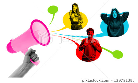 Creative collage. Pink megaphone with speech bubbles of people expressing emotions symbolizing community voice and feedback Creative collage. Pink megaphone with speech bubbles of people expressing emotions symbolizing community voice and feedback 129781393