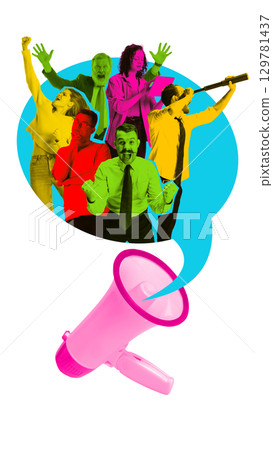 Bright collage. Group of people expressing emotions in colorful silhouettes with megaphone symbolizing collective voice Bright collage. Group of people expressing emotions in colorful silhouettes with megaphone symbolizing collective voice 129781437