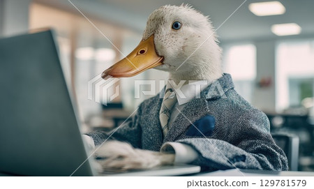 Quirky anthropomorphic duck in a business suit working on a laptop in a modern office, representing individuality and corporate culture 129781579