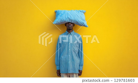 A black man in a blue striped shirt balances a pillow on his head against a vibrant yellow background. A surreal and stylish portrait exploring balance and sleep 129781603