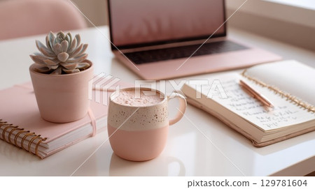A stylish workspace with a pink laptop, notebooks, succulent, and a mug of coffee. A calm and elegant still life perfect for remote work and a cozy atmosphere A stylish workspace with a pink laptop, notebooks, succulent, and a mug of coffee. A calm and elegant still life perfect for remote work and a cozy atmosphere 129781604