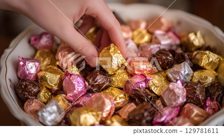 hand reaches into a decorative bowl of assorted, brightly wrapped chocolates, selecting a shiny golden one hand reaches into a decorative bowl of assorted, brightly wrapped chocolates, selecting a shiny golden one 129781611