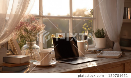A tranquil and sunlit home office workspace with a laptop, books, and a coffee cup on a rustic wooden desk, offering an atmosphere of productivity and inspiration A tranquil and sunlit home office workspace with a laptop, books, and a coffee cup on a rustic wooden desk, offering an atmosphere of productivity and inspiration 129781651