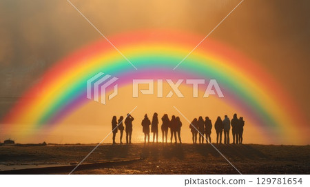 Group of people standing in silhouette, looking at a big rainbow over a body of water at sunset 129781654