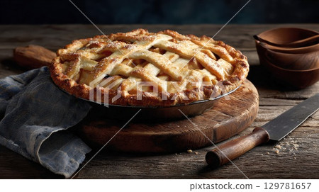 Delicious, fresh homemade apple pie on a wooden table. A whole apple pie with a lattice crust on a wooden board next to a knife 129781657
