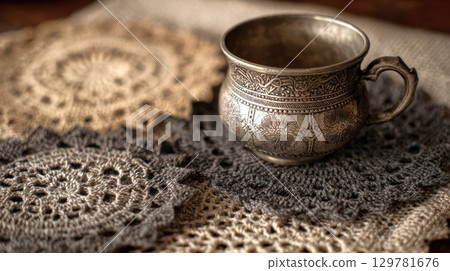 Elegant antique silver cup with intricate carvings resting on a variety of beautiful hand-crocheted doilies Elegant antique silver cup with intricate carvings resting on a variety of beautiful hand-crocheted doilies 129781676