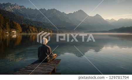 A peaceful senior woman meditates on a wooden pier by a serene lake, surrounded by majestic mountains and a tranquil, natural landscape at sunrise or sunset 129781704