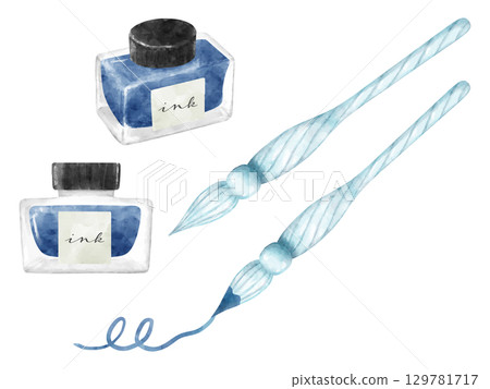 水彩風格玻璃筆和墨水插圖集 129781717