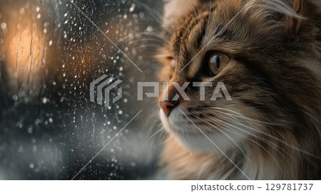 A fluffy, long-haired tabby cat with amber eyes looks thoughtfully out a window covered in raindrops, creating a tranquil and cozy feeling on a rainy day 129781737