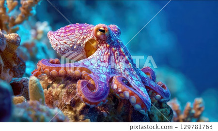 A vibrant, close-up view of a colorful octopus resting on a coral reef, with its textured skin and suckers visible in the clear blue water A vibrant, close-up view of a colorful octopus resting on a coral reef, with its textured skin and suckers visible in the clear blue water 129781763
