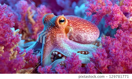 A beautiful octopus with vibrant pink and purple tones resting amongst colorful coral reefs in its underwater habitat 129781771
