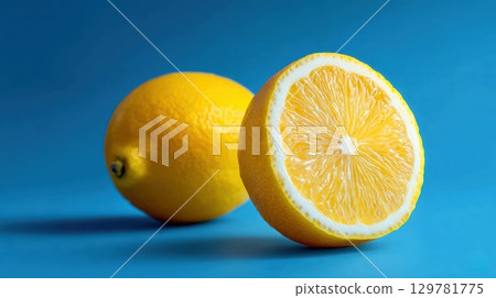 A beautiful shot of two bright yellow lemons, one whole and one cut in half, on a vibrant blue background A beautiful shot of two bright yellow lemons, one whole and one cut in half, on a vibrant blue background 129781775