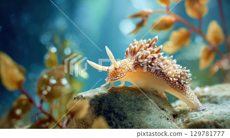 A stunning macro shot of a sea slug, or nudibranch, with intricate details, sitting on a rock in clear blue water A stunning macro shot of a sea slug, or nudibranch, with intricate details, sitting on a rock in clear blue water 129781777