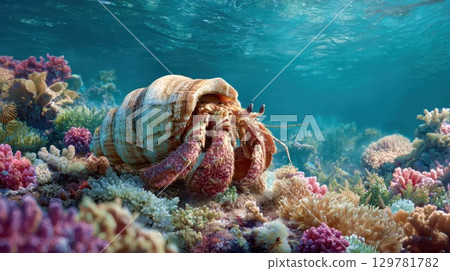 A close-up of a crab hiding in a spiral shell, walking on a colorful coral reef in a shallow, sunlit ocean 129781782
