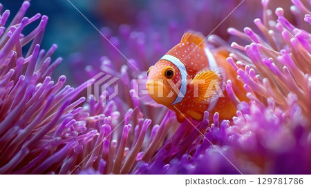 A stunning close-up of a clownfish swimming among vibrant, purple sea anemones in a colorful coral reef ecosystem 129781786