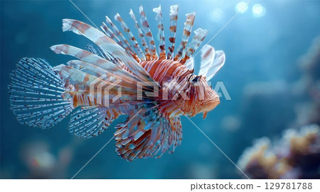 Lionfish swimming in a colorful aquarium with other sea life and coral reefs in the background 129781788