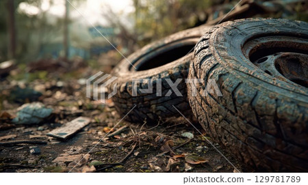 Two old, discarded tires sit among trash and weeds in a neglected, polluted outdoor area 129781789