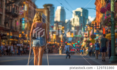 A strong, resilient woman on crutches walks down a busy, colorful city street at sunset, representing determination and recovery in an urban environment A strong, resilient woman on crutches walks down a busy, colorful city street at sunset, representing determination and recovery in an urban environment 129781860