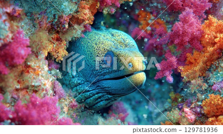 A bright yellow-blue moray eel peeks from a colorful coral reef, surrounded by vibrant soft corals and marine life A bright yellow-blue moray eel peeks from a colorful coral reef, surrounded by vibrant soft corals and marine life 129781936