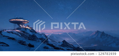 A stunning modern restaurant sits atop a snow-covered mountain at night, with a star-filled sky and a view of the distant city lights A stunning modern restaurant sits atop a snow-covered mountain at night, with a star-filled sky and a view of the distant city lights 129781939