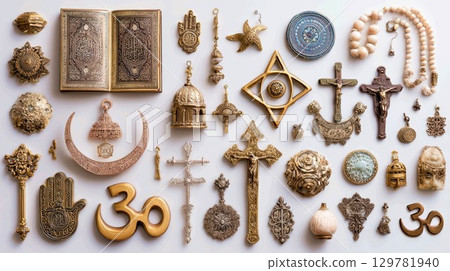 A flat lay of various religious symbols and artifacts, including crosses, a crescent moon, and a hamsa hand, arranged on a white background 129781940