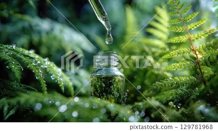 A close-up of a dropper dripping liquid into a bottle surrounded by lush green ferns, representing natural and botanical skincare or medicine A close-up of a dropper dripping liquid into a bottle surrounded by lush green ferns, representing natural and botanical skincare or medicine 129781968