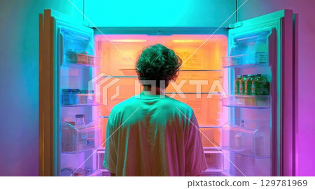 A person from behind looks into a refrigerator glowing with vibrant, colorful light, suggesting late-night snacking, neon vibes, or an empty fridge 129781969