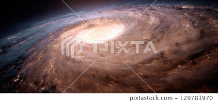 A mesmerizing, glowing spiral galaxy with a bright center swirls through deep space, full of stars and cosmic dust 129781970