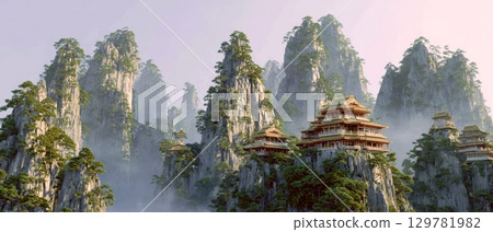 A series of traditional, multi-level temples with red roofs are built high on the peaks of majestic, mist-covered mountains 129781982