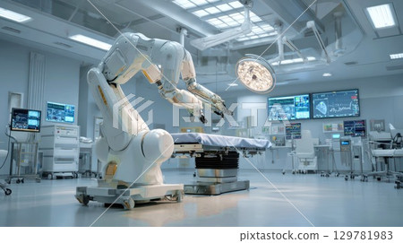 A sterile, futuristic operating room with a sophisticated robotic arm poised over a surgical table, symbolizing the advancements of technology in modern medicine and healthcare A sterile, futuristic operating room with a sophisticated robotic arm poised over a surgical table, symbolizing the advancements of technology in modern medicine and healthcare 129781983