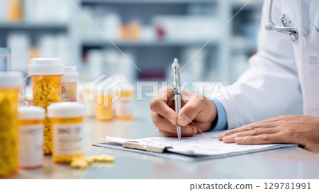 Close-up of a doctor or pharmacist's hands writing a prescription on a clipboard with medicine bottles in the background 129781991