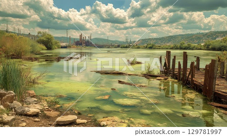 A wide shot shows a heavily polluted river with an industrial factory in the background, highlighting environmental damage, water contamination, and ecological disaster 129781997
