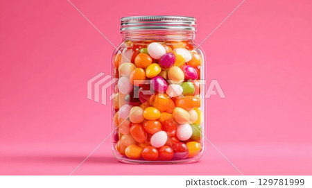 A clear glass jar filled to the brim with a variety of colorful jelly beans stands against a pink background, representing a fun and sweet treat 129781999