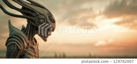 A futuristic, biomechanical alien creature stands in a desert landscape at sunset, an imposing and otherworldly figure 129782007