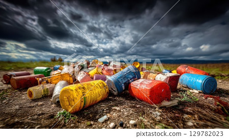A pile of colorful, discarded plastic containers lies on the ground under a dramatic, cloudy sky, symbolizing environmental pollution A pile of colorful, discarded plastic containers lies on the ground under a dramatic, cloudy sky, symbolizing environmental pollution 129782023