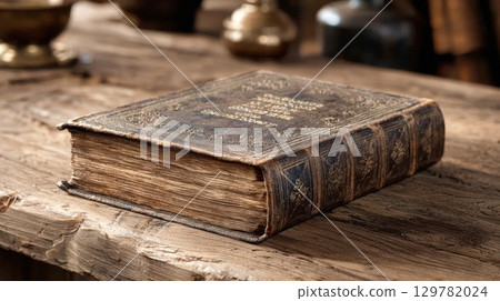 A close-up shot of an old, leather-bound book with intricate details, sitting on a rustic wooden table in a dimly lit setting 129782024