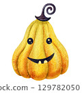 Yellow cute pumpkin with smile and magic hat. Kids hand-drawn watercolor isolated illustration on white background. Perfect for Halloween decoration, sign, card, label, invitation, and festive design 129782050